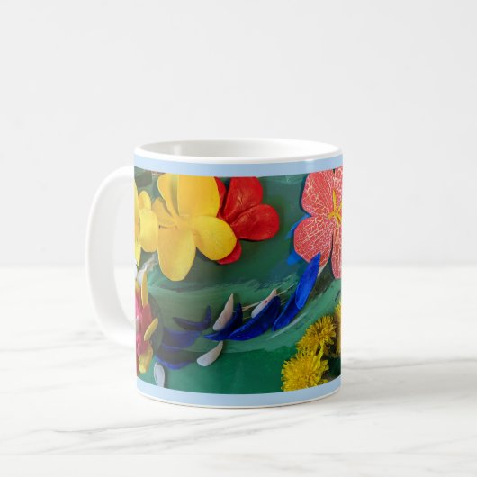 明るい色彩の鮮やかクレイ花彫刻フォークアート コーヒーマグカップ (正面左)