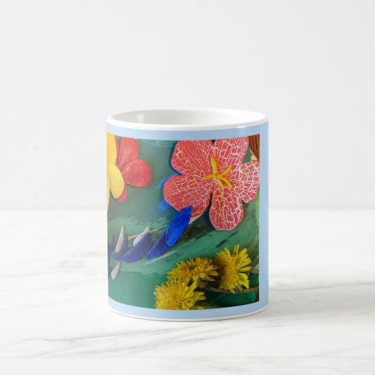 明るい色彩の鮮やかクレイ花彫刻フォークアート コーヒーマグカップ (中央)