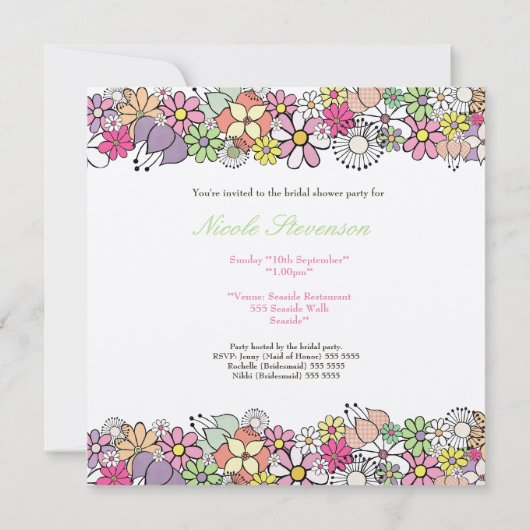 明るい花々カスタムのブライダルシャワー招待 招待状 (裏面)