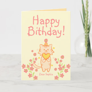 明るい花と帽子とハートの誕生日 カード