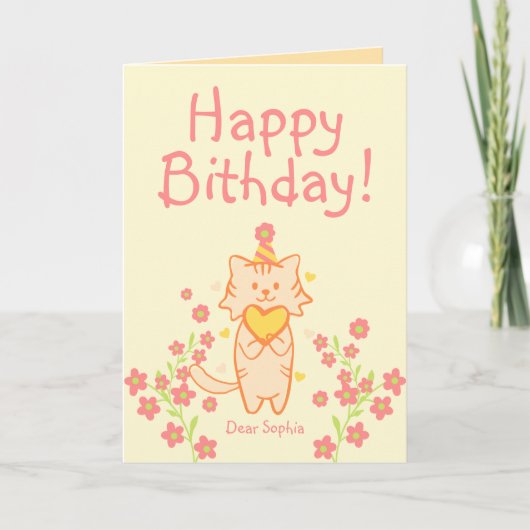 明るい花と帽子とハートの誕生日 カード (正面)