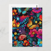 明るい花と蝶のパターン ポストカード (正面/裏面)