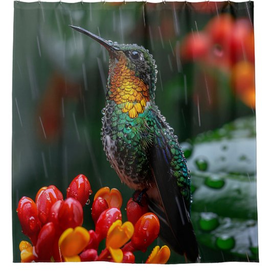 明るい花に止まったハチドリ シャワーカーテン (正面)