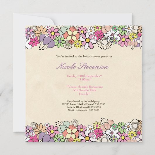 明るい花のカスタムなブライダルシャワーの招待状 招待状 (裏面)