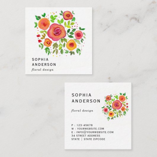 明るい花のフローラブーケ、水絵画の色 スクエア名刺 (正面/裏面)