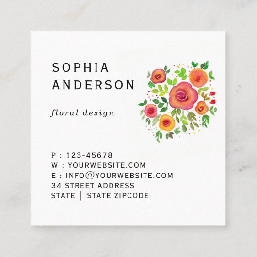 明るい花のフローラブーケ、水絵画の色 スクエア名刺 (裏面)