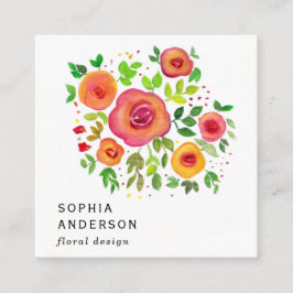 明るい花のフローラブーケ、水絵画の色 スクエア名刺