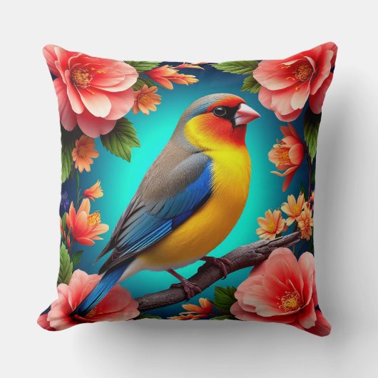 明るい花の中に漂う松の鳥 クッション (正面)