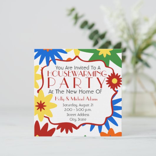 明るい花の引っ越し祝いパーティーのパーティの招待状 招待状 (スタンド正面)