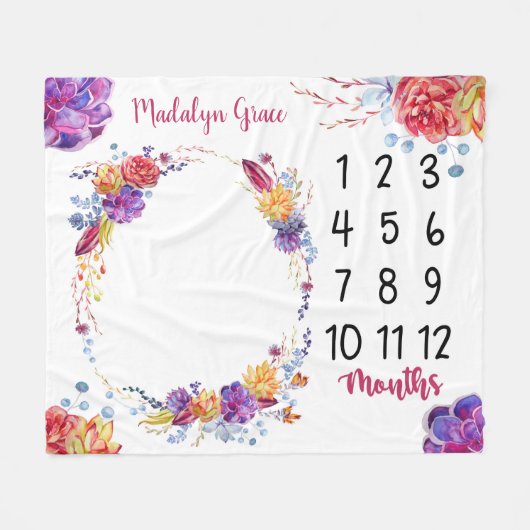 明るい花のSucculentsのベビーのマイル標石 フリースブランケット (正面(横))