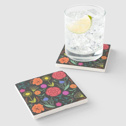 明るい花カラフル大理石 ストーンコースター (横)