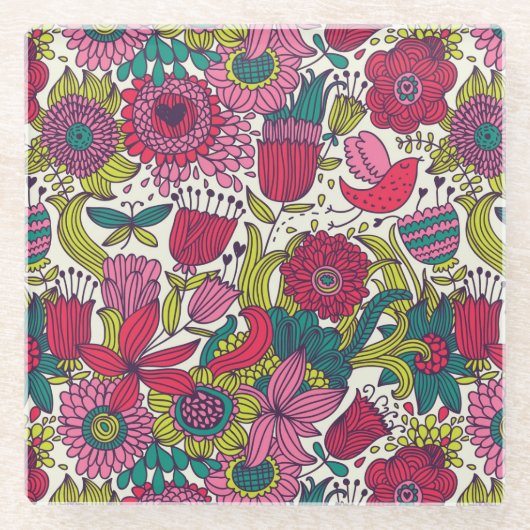 明るい花パターン ガラスコースター (正面)