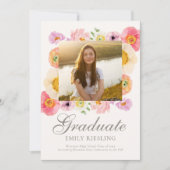 明るい花柄の卒業発表カード 招待状 (正面)