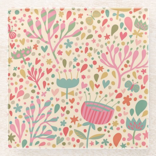 明るい花柄 ガラスコースター (正面)