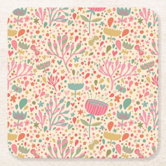 明るい花柄 スクエアペーパーコースター (正面)