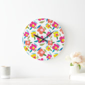 明るい花模様オンホワイト ラージ壁時計 (ホーム)