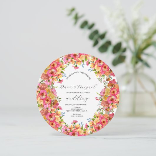 明るい花模様ピンクミックスウォーター結婚カラーの円 招待状 (スタンド正面)
