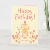 明るい花&可愛い猫を着た帽子&ハート誕生日 カード (正面)