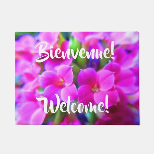 明るい花 Bienvenue Welcome フランス語 英語 ドアマット (正面)