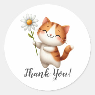 明るい茶色の猫が花を持ってお礼 ラウンドシール