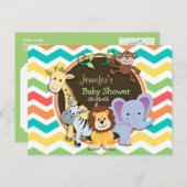 明るい虹のシェブロン動物園の動物の赤ちゃんシャワー インビテーションポストカード (正面/裏面)