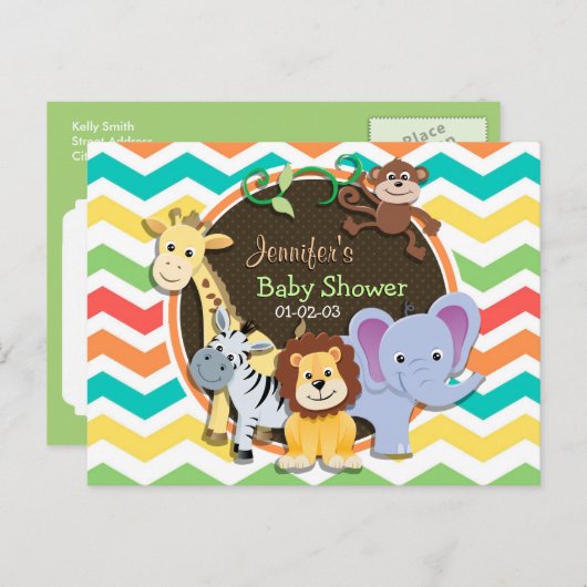 明るい虹のシェブロン動物園の動物の赤ちゃんシャワー インビテーションポストカード (正面/裏面)