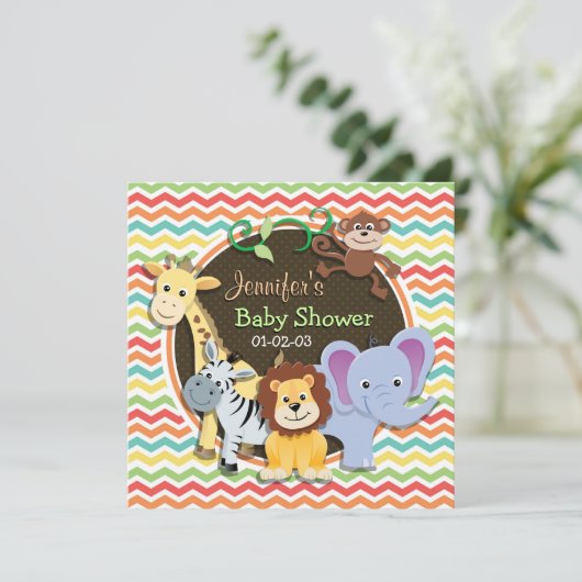 明るい虹のシェブロン動物園の動物の赤ちゃんシャワー 招待状 (スタンド正面)