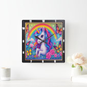 明るい虹の一角花 スクエア壁時計 (ホーム)