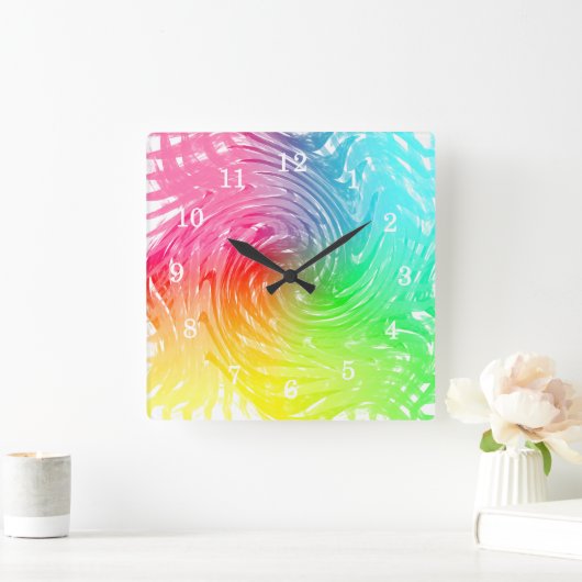 明るい虹の抽象芸術渦巻形のパターン（の模様が）ある スクエア壁時計 (ホーム)