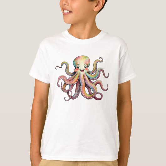 明るい虹色の水彩タコデザイン Tシャツ (正面)