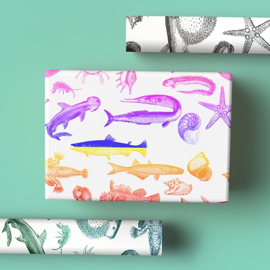 明るい虹、青と緑の海の生き物 ラッピングペーパーシート