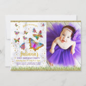 明るい蝶の最初の誕生日パーティーの写真 招待状 (正面)