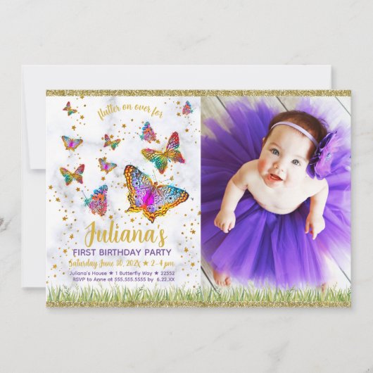 明るい蝶の最初の誕生日パーティーの写真 招待状 (正面)