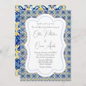 明るい詳細な青いタイルパター結婚ン 招待状 (正面/裏面)
