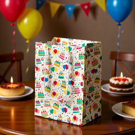 明るい誕生日ケーキと風船のラッピングペーパー ミディアムペーパーバッグ