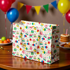 明るい誕生日ケーキと風船のラッピングペーパー ラージペーパーバッグ