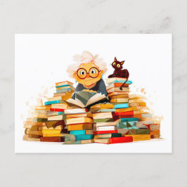 明るい読顔の本の老婦人 シーズンポストカード