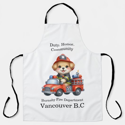 明るい赤いトラックの上にかわいい子犬の消防士 エプロン (正面)