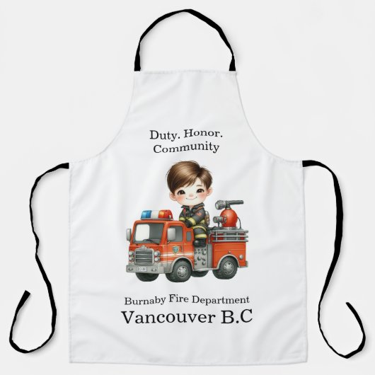 明るい赤いトラックの中の陽気な若い消防士 エプロン (正面)