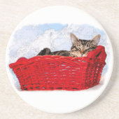 明るい赤いバスケットに入った眠り子猫 コースター (正面)