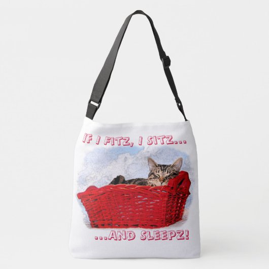 明るい赤いバスケットに眠る灰色の虎猫の子猫 クロスボディバッグ (裏面)