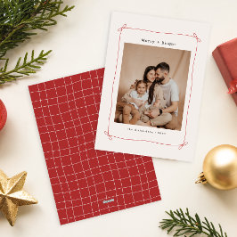明るい赤いリボンと家族写真のクリスマス シーズンカード