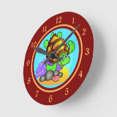明るい赤および金ゴールドの幸せな漫画のウミガメ ラウンド壁時計 (傾斜)