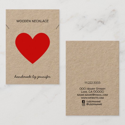 明るい赤が大好き手作りのハートのネックレスホルダー 名刺 (正面/裏面)
