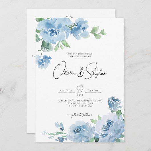 明るい赤ちゃん青の植物性QRすべて結婚の 招待状 (正面/裏面)