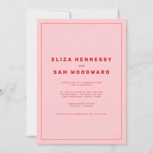 明るい赤とピンクのウェスアンダーソンインスパイア結婚の作品 招待状 (正面)