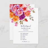 明るい赤とピンクの紫のバラ結婚フローラ 出欠カード (正面/裏面)