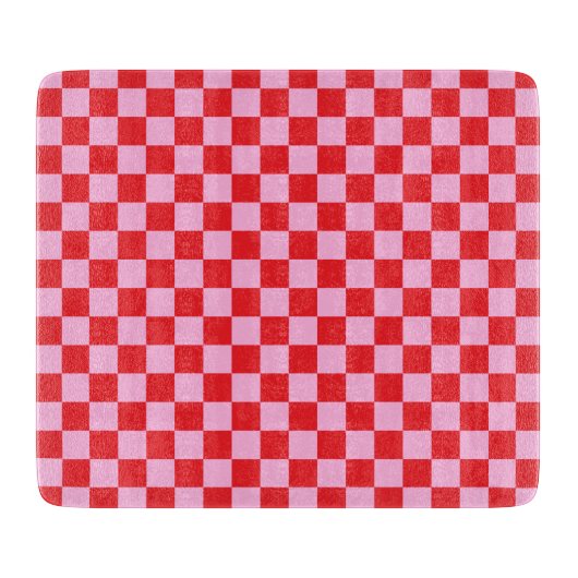 明るい赤と淡いピンクのチェック柄 カッティングボード (正面)