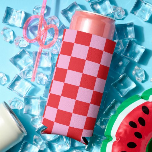 明るい赤と淡いピンクのチェック柄 スリム缶クーラー (インサイチュ 夏)
