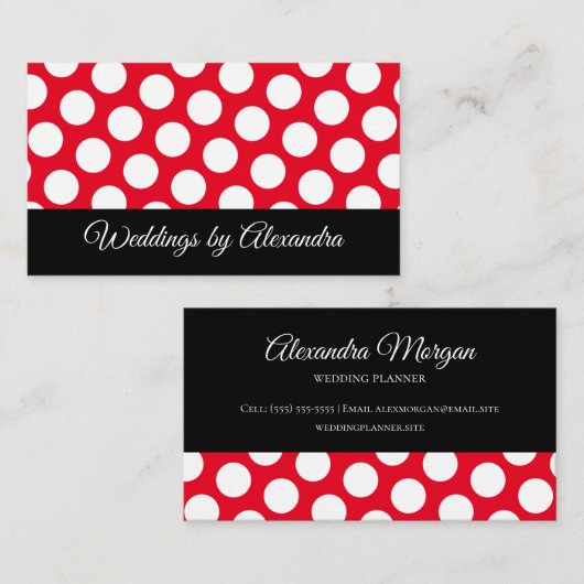 明るい赤と白水玉模様黒アクセント 名刺 (正面/裏面)